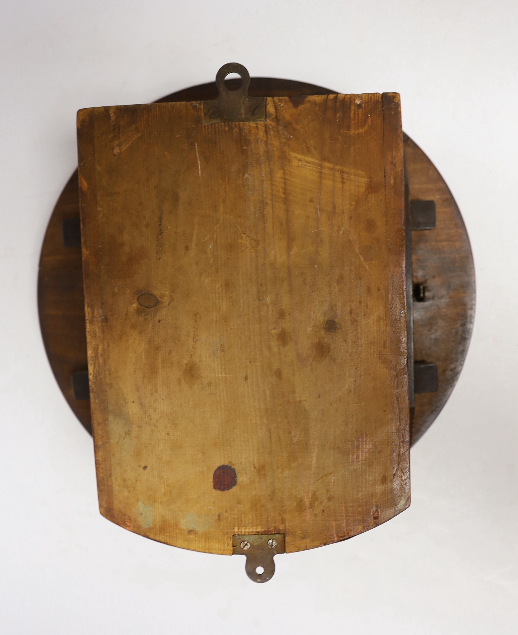 A Victorian mahogany wall clock, with pendulum, 34cm in diameter